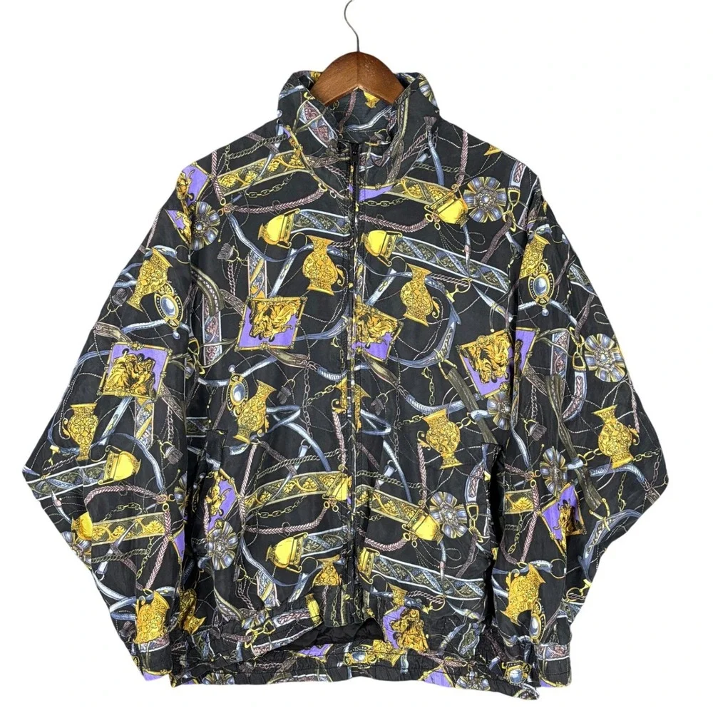 Vintage Pan Asia Silk Windbreaker Jacket Medium Baroque Gold Chain Print Black